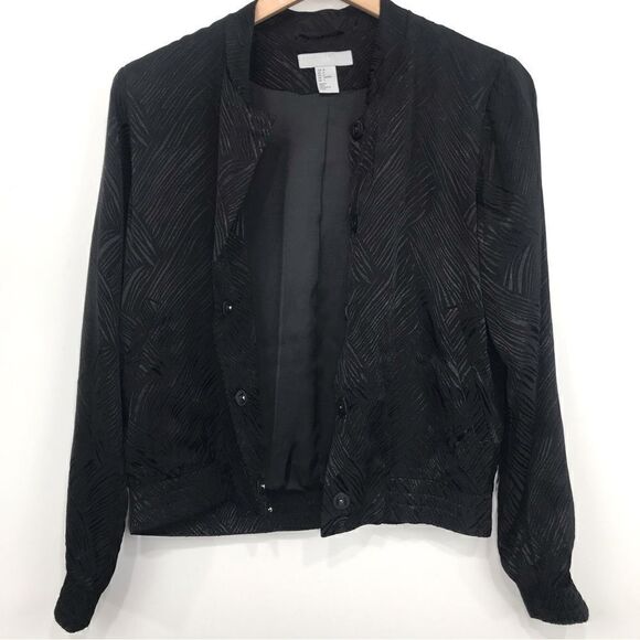H&M Black Silky Textured Linear Print Bomber Jacket - Picture 3 of 16